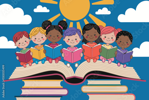 Diverse Cartoon Children Reading Books on a Book Stack Under the Sun Illustration