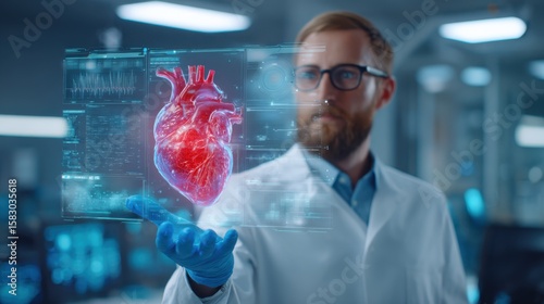 A scientist wearing glasses and gloves, examining a virtual projection of a human heart in a lab setting