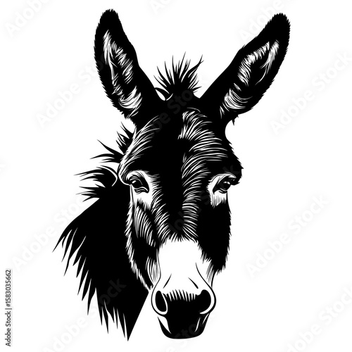 The black and white depiction of a donkey's head, as shown in this image, boasts prominent ears and eyes, all presented in a modern clipart design