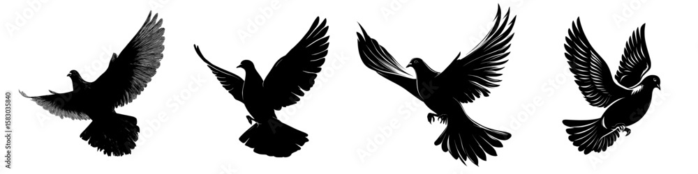 Obraz premium This image depicts a mourning dove, also referred to as a pigeon, in a black silhouette with intricate wings and a poised flight stance, presented in a modern clipart style