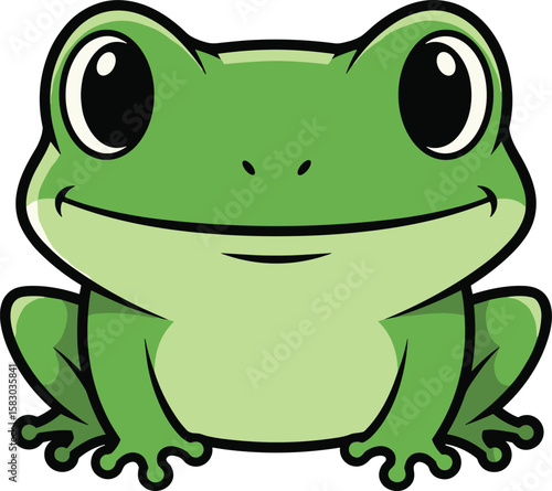 Cartoon frog sits and smiles with a cute expression. Amphibian illustration, happy animal character, friendly mascot, adorable design.