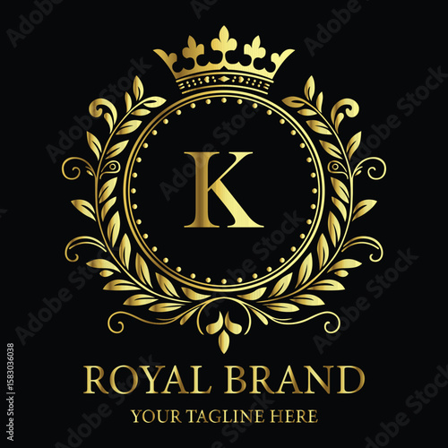 Elegant golden royal brand logo design with letter K and crown for premium identity and luxury style

