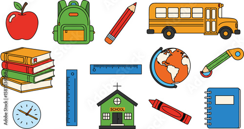 School supplies scattered on a blue background, showing various tools. Education, learning, back to school, supplies, stationery, classroom, knowledge, childhood, study