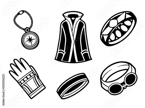 Stylized black and white illustrations of fantasy adventure gear and accessories
