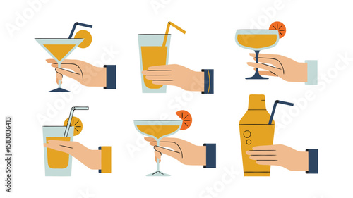 Hands Holding Orange Cocktails and Shaker Martini, Highball, Coupe, and Shaker Illustration Set