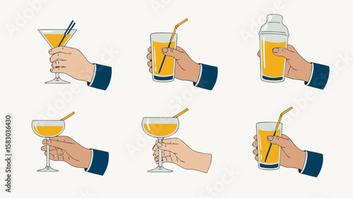 Hands Holding Cocktail Glasses and Shaker with Yellow Drinks and Straws Illustration