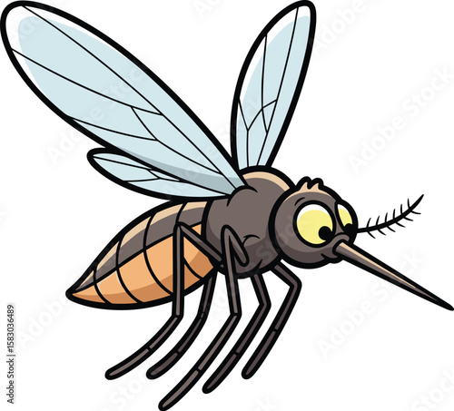 Cartoon mosquito hovers in the air. Insect drawing, pest, flying insect, bug, disease carrier, danger, wildlife