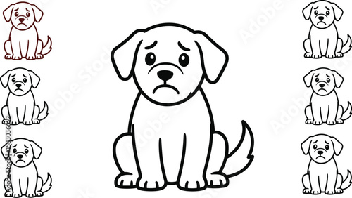 Sad puppy sits and looks forlorn. Depressed dog, lonely animal, upset pet needs compassion.