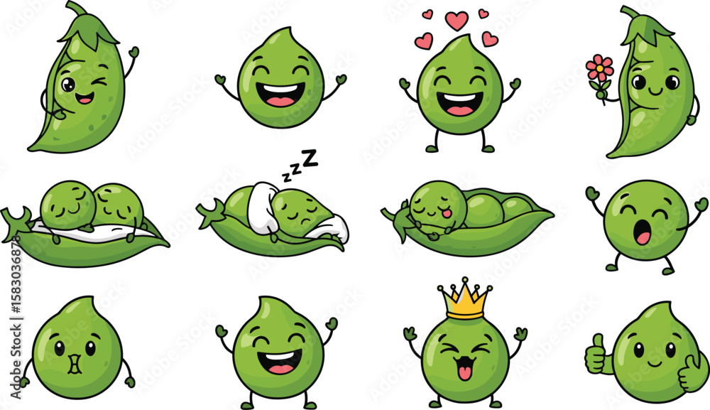 Obraz premium Cartoon pea characters express various emotions and actions. Cute vegetable icons, fun illustration, healthy food, cheerful.