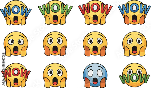Emojis express shock and surprise in varied colors. Emotional icons, surprise, awe, cartoon, digital art
