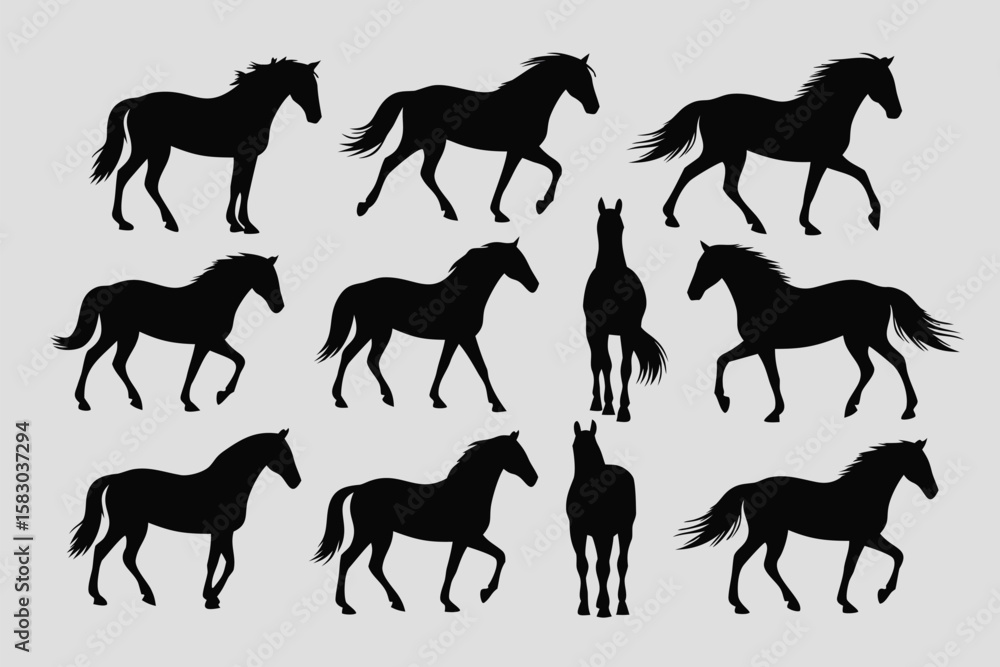 Obraz premium Nine Black Horse Silhouettes Diverse Poses, Walking, Standing, Front and Side Views, Elegant Equine Illustration