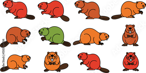 Cartoon beavers in various colors are displayed on a blue background. Wildlife illustration, animal representation, cartoon art, nature design