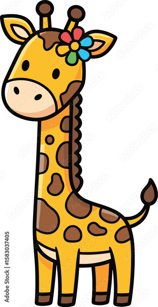 Naklejka premium Cute giraffe stands with a flower on its head. Cartoon, animal, illustration, art, design, cheerful, playful, character.