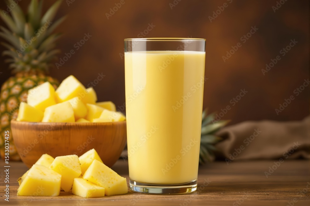 Glass of creamy pineapple smoothie, with fresh pineapple chunks in a bowl and scattered on a wooden table, highlighting a tropical and refreshing drink. Glass of creamy pineapple smoothie, with fresh pineapple chunks in a bowl and scattered on a wooden table, highlighting a tropical and refreshing drink.