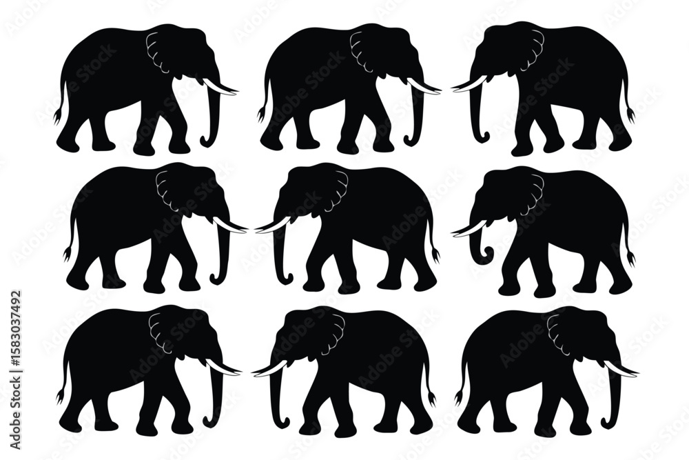 Fototapeta premium Pattern of Nine Black Elephant Silhouettes Walking with White Background, Animal Illustration Art