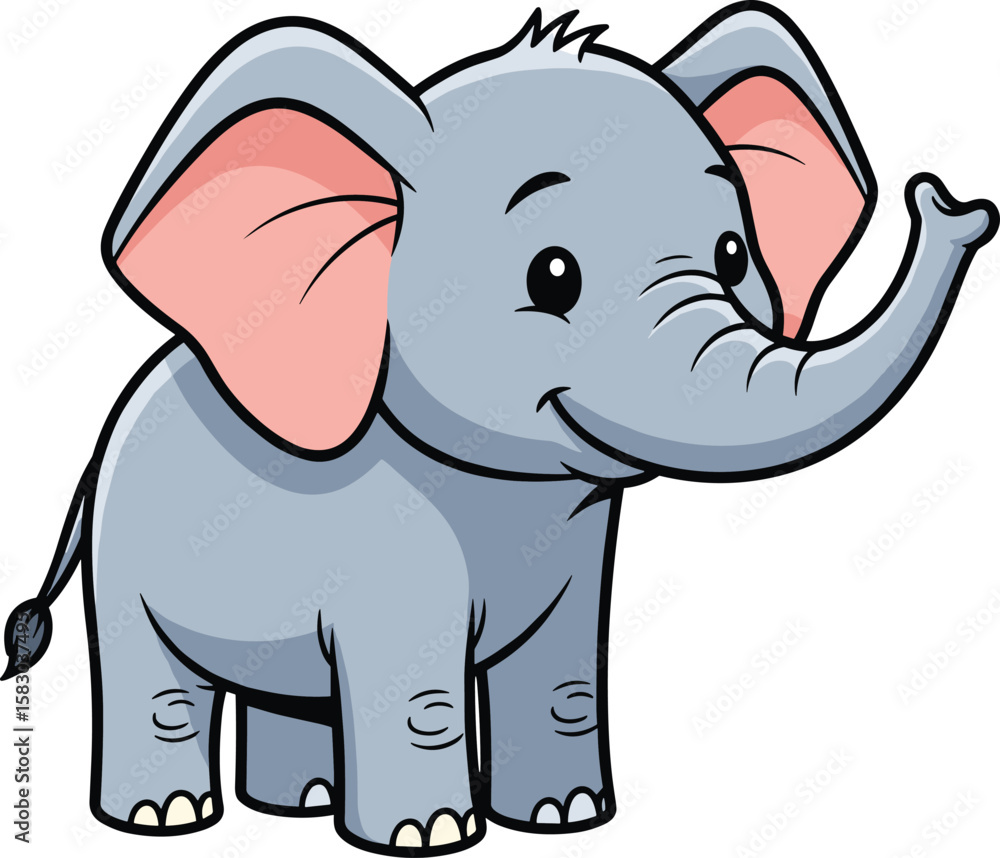 Naklejka premium Cartoon elephant stands with its trunk raised. Cute animal illustration, drawing, baby animal, wildlife.
