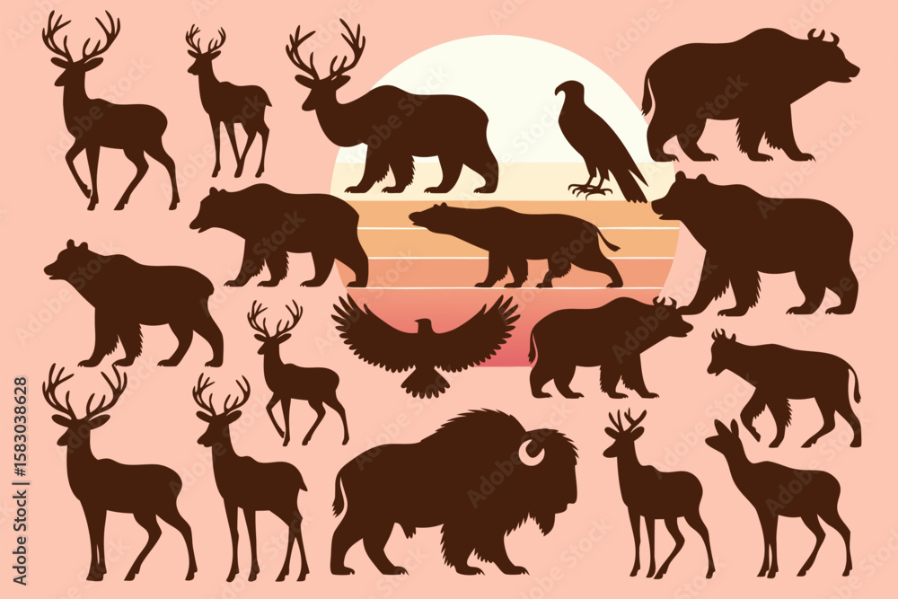 Fototapeta premium Silhouette Composition Deer, Bears, Eagles, and Bison Against a SunsetThemed Backdrop Illustration