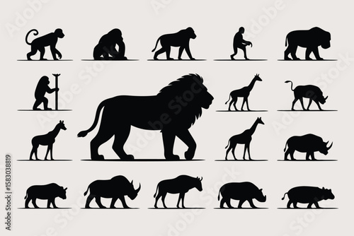 Silhouette Illustration Featuring a Lion, Giraffe, Monkey, Gorilla, Human, and Rhinoceros Animals On Light Background