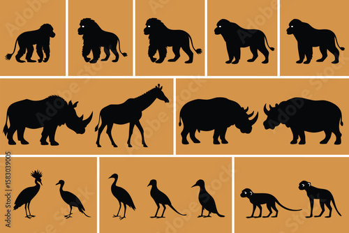Silhouette of African Animals Lions, Rhinoceroses, Giraffe, Birds, Monkeys against a Beige Background