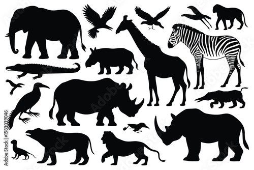 Silhouette of African Wildlife Elephant, Giraffe, Zebra, Lion, and More