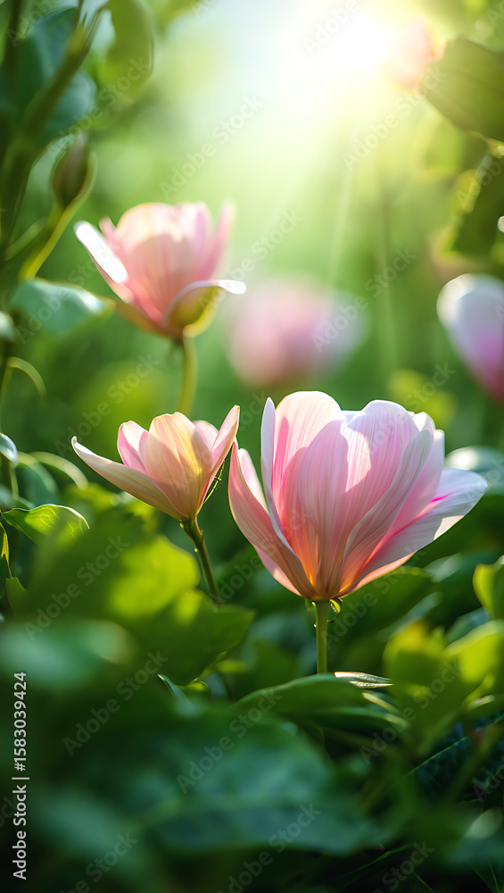 Fototapeta premium Pink tulips bloom in a lush green garden under the warm sunlight