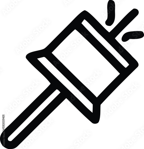 A simple black and white line drawing icon representing a thumbtack or pushpin angled upwards with a sharp point and a square head