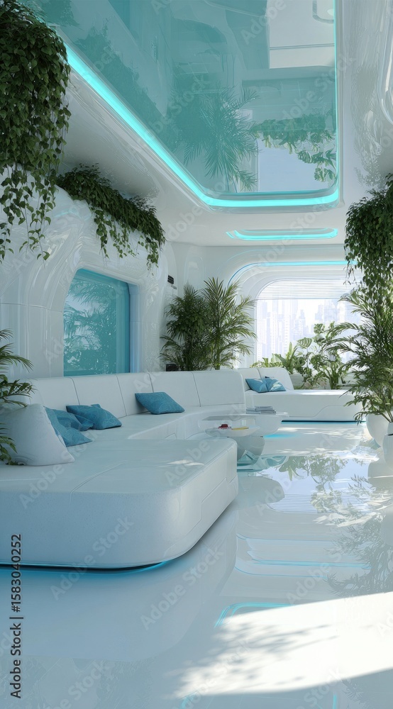 Fototapeta premium Modern, light-filled living area with teal accents