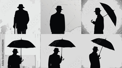Silhouetted Men in Hats with Umbrellas and Cane Against a Textured Grey Background