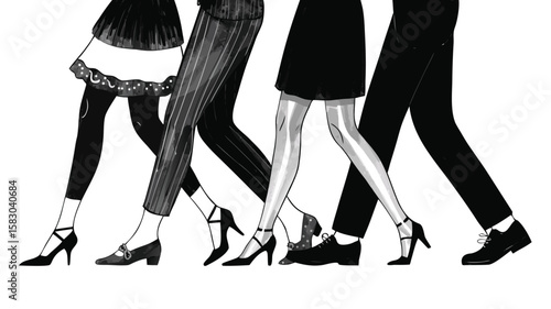 Stylish People Walking Illustration of Legs in Fashionable Clothes and Shoes, Black and White