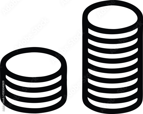 Two stacks of stylized coins one shorter and one taller rendered as bold black outlines on a white background symbolizing wealth and finance