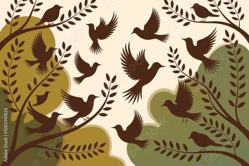 Stylized Silhouette Birds Flying and Perched Among Tree Branches with Beige, Olive Green Tones