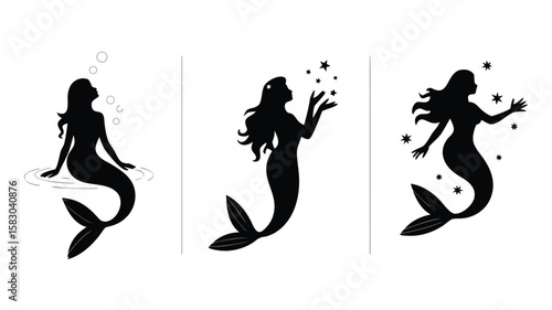 Three Black Silhouette Mermaid Illustrations Sitting in Water, Reaching for Stars, Surrounded by Stars