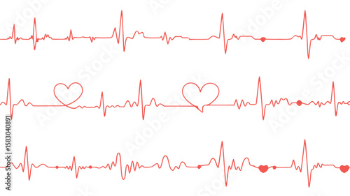 Three Red Heartbeat Traces on White EKG and Cardiac Health Concept Design