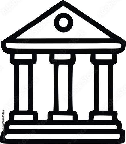 Stylized black and white line art icon representing a classical building with three columns and a triangular pediment