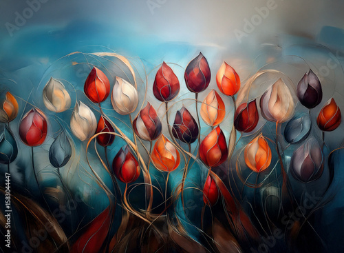 A vibrant abstract painting of tulips in various shades of red, orange, and white against a teal background.  The brushstrokes are visible, giving a sense of movement and energy.