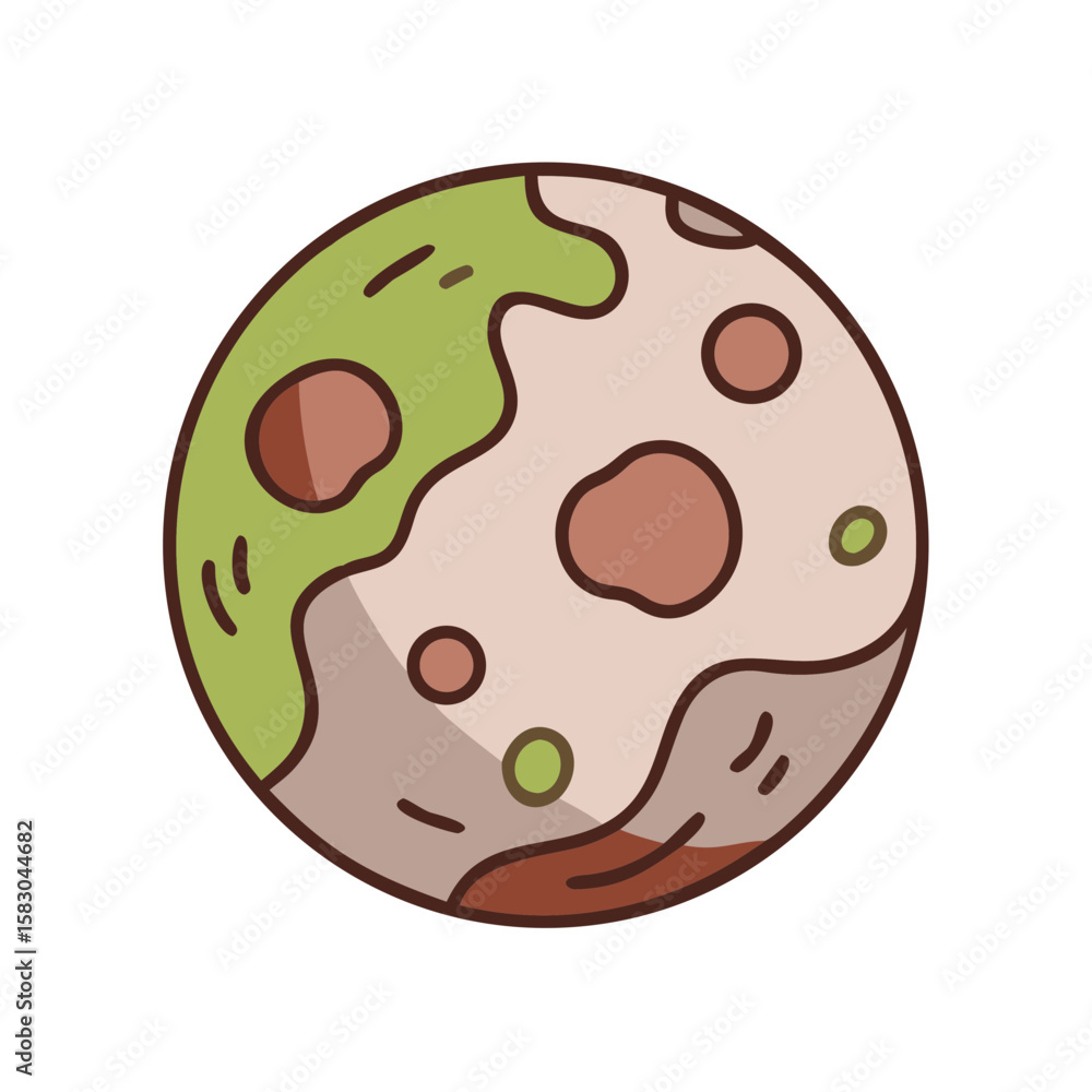Fototapeta premium Mars planet icon with rusty red craters and green patches 