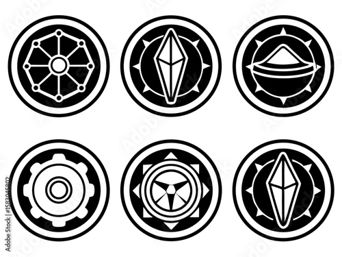Collection of six distinct circular geometric and abstract sci fi emblems