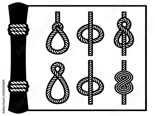 Illustrations of four different types of knots tied with rope