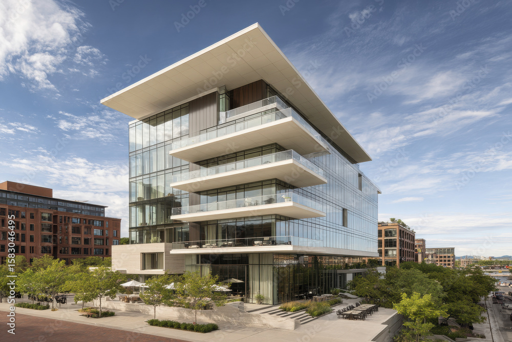 Obraz premium contemporary architectural facades featuring multilevel balconies evoke sense of modern elegance