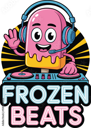 Cartoon popsicle character djing with headphones and frozen beats text Vector Graphic T Shirt Design