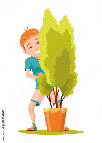 Kid playing hide and seek. Playing game outdoor in summer vacations. Boy having fun outdoors, summer playtime. Vector cartoon illustration