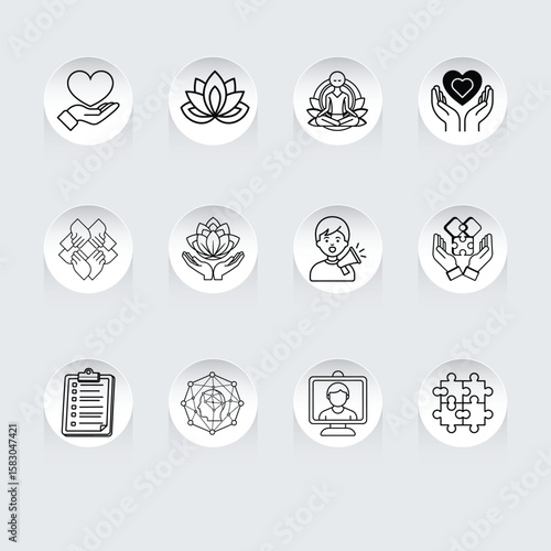 Collection of diverse icons representing concepts like care mindfulness teamwork and communication