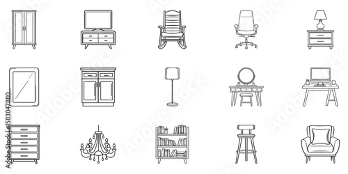Furniture Icon Set. Home Interior Design Elements Collection. Isolated Vector Illustration