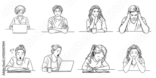 Diverse Student Expressions Set. Academic Emotions And Study Habits Collection. Isolated Vector Illustration