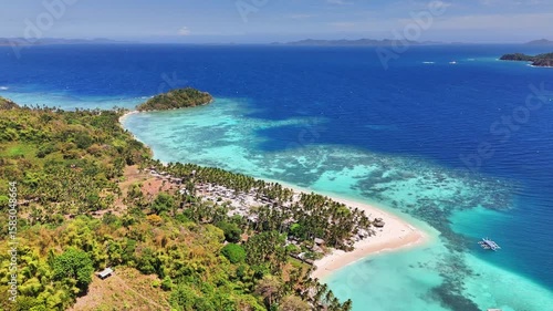 Wallpaper Mural Curved white-sand beach and dense Cocos nucifera palm cover of Darocotan Island, nestled in the Sulu Sea off northeastern Palawan, Philippines, known for its reefs and coastal serenity, drone descend Torontodigital.ca