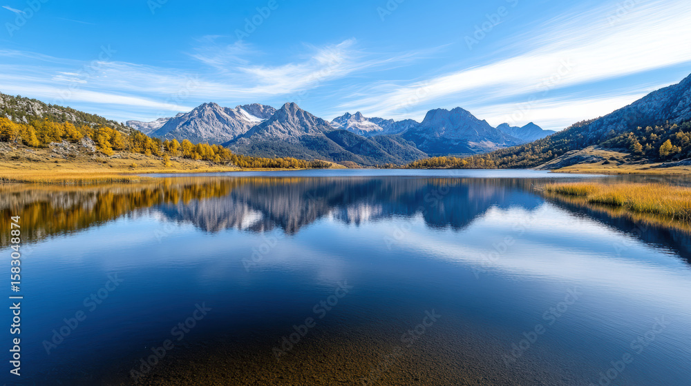 Fototapeta premium Calm lake with mountain reflection clear blue sky golden hour, creating serene atmosphere