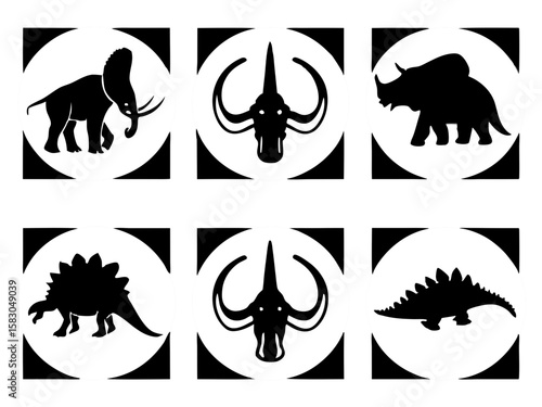 Collection of stylized prehistoric animal silhouettes in circular frames