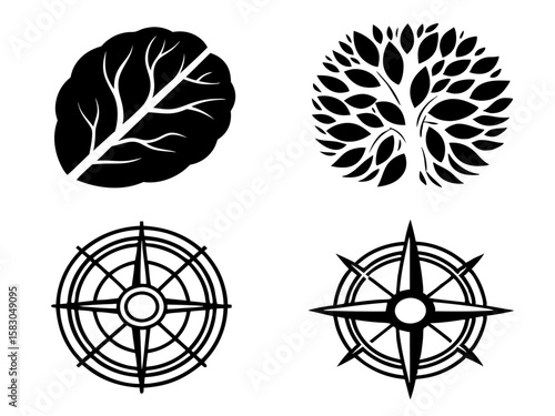 Nature and navigation symbols featuring a leaf tree and compasses