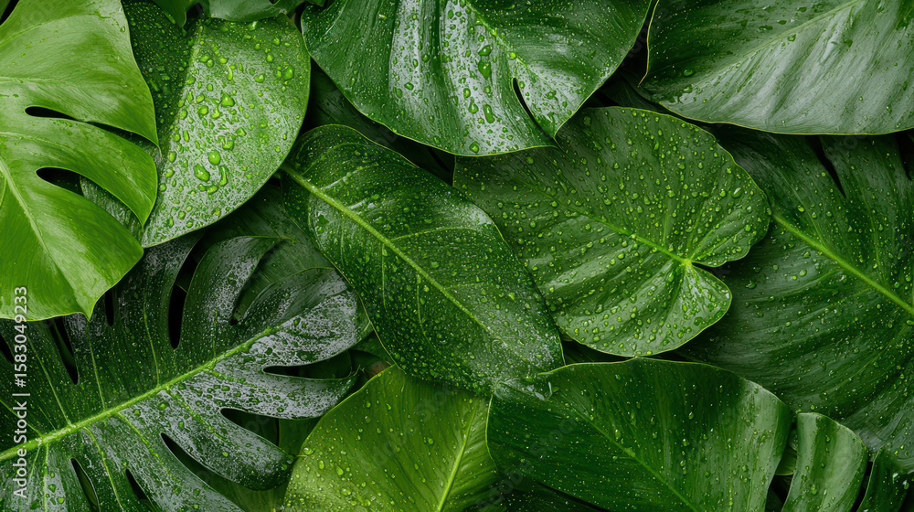 Fototapeta premium Dense tropical foliage with dew covered leaves creates refreshing atmosphere