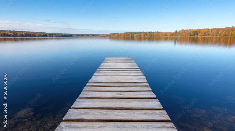 Naklejka premium Serene dock extends over calm water, surrounded by autumn foliage reflecting in still lake